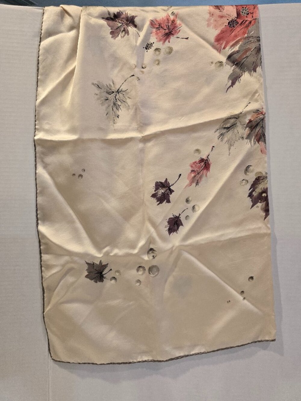 Scarf Square Maroon Fall Leaves Lady Bugs Cream Gray Vibrant 1980s